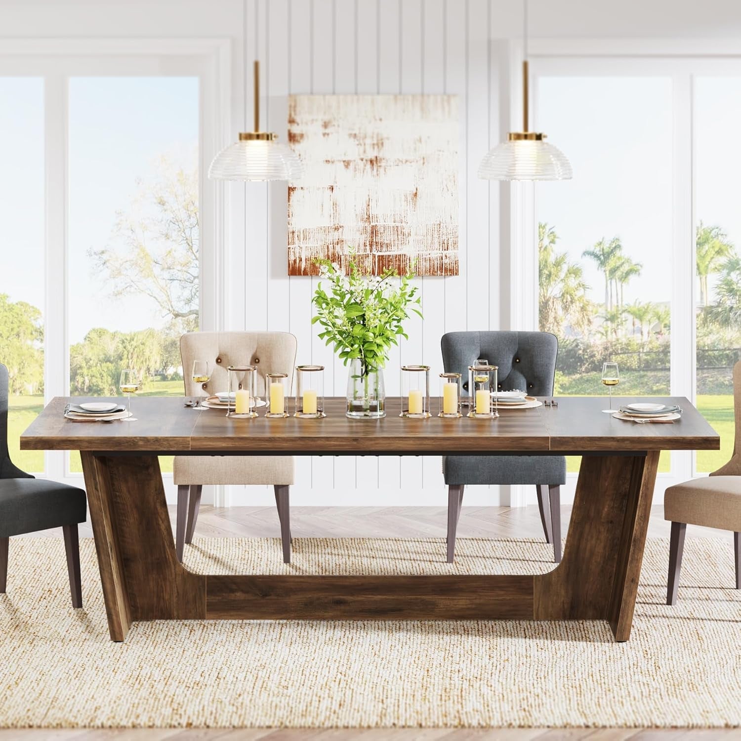 70.87-Inch Dining Room Table: Wood Large Dining Table for 6-8 People, Rectangular Farmhouse Kitchen Table with Solid Pedestal, Rustic Long Dinner Table for Big Family-0
