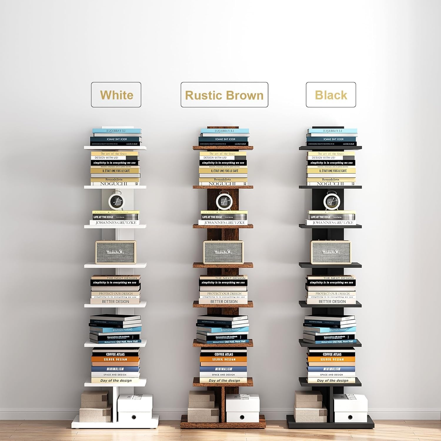 Vertical Bookshelf, 8-Tier Bookcase, Narrow Spine Book Shelf for Small Space, Corner Standing Shelf for Living Room, Office, Study, Entryway, White BS06BW008-3