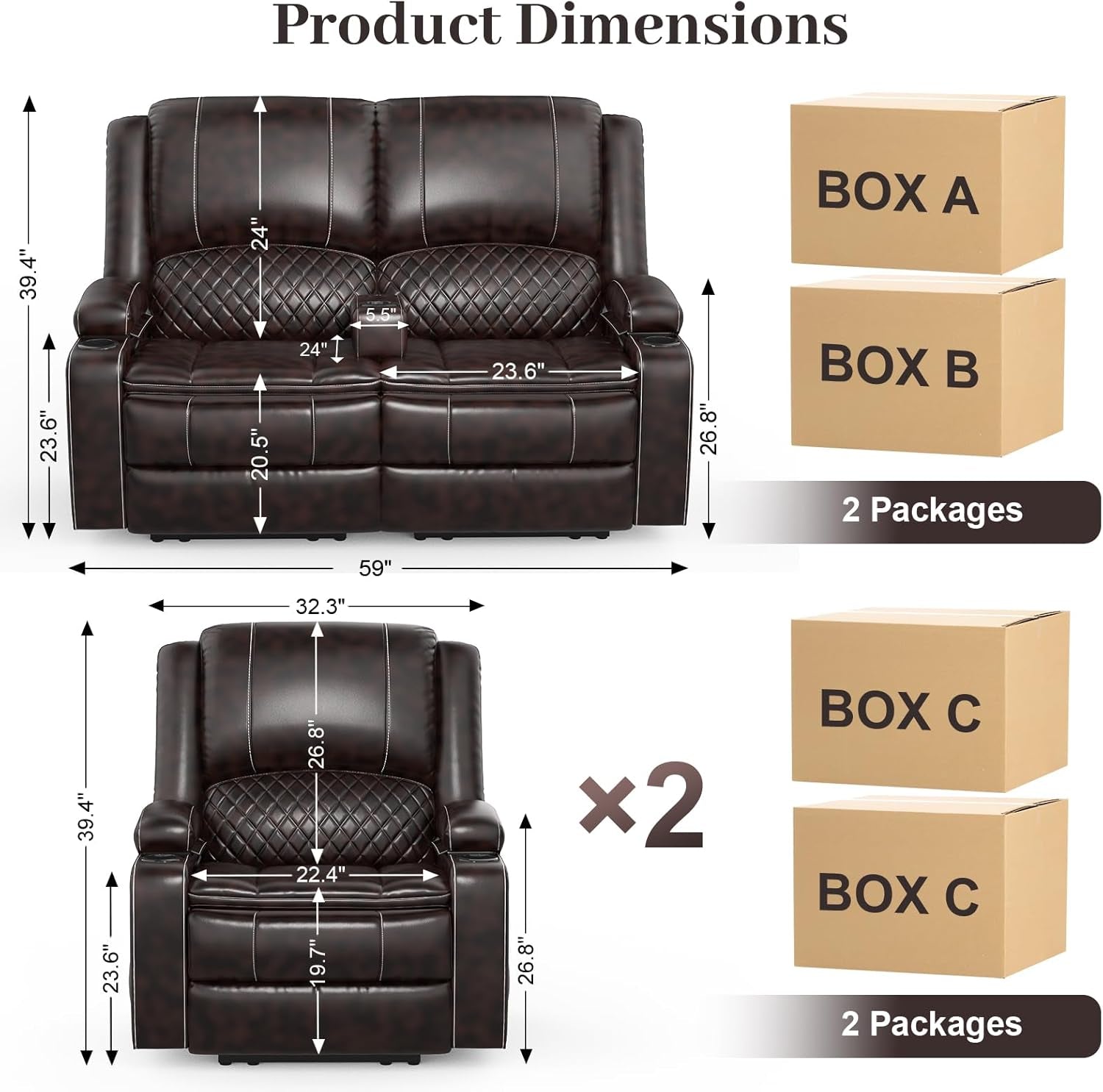Grey Leather Reclining Loveseat Set Console, 2 Chairs-1