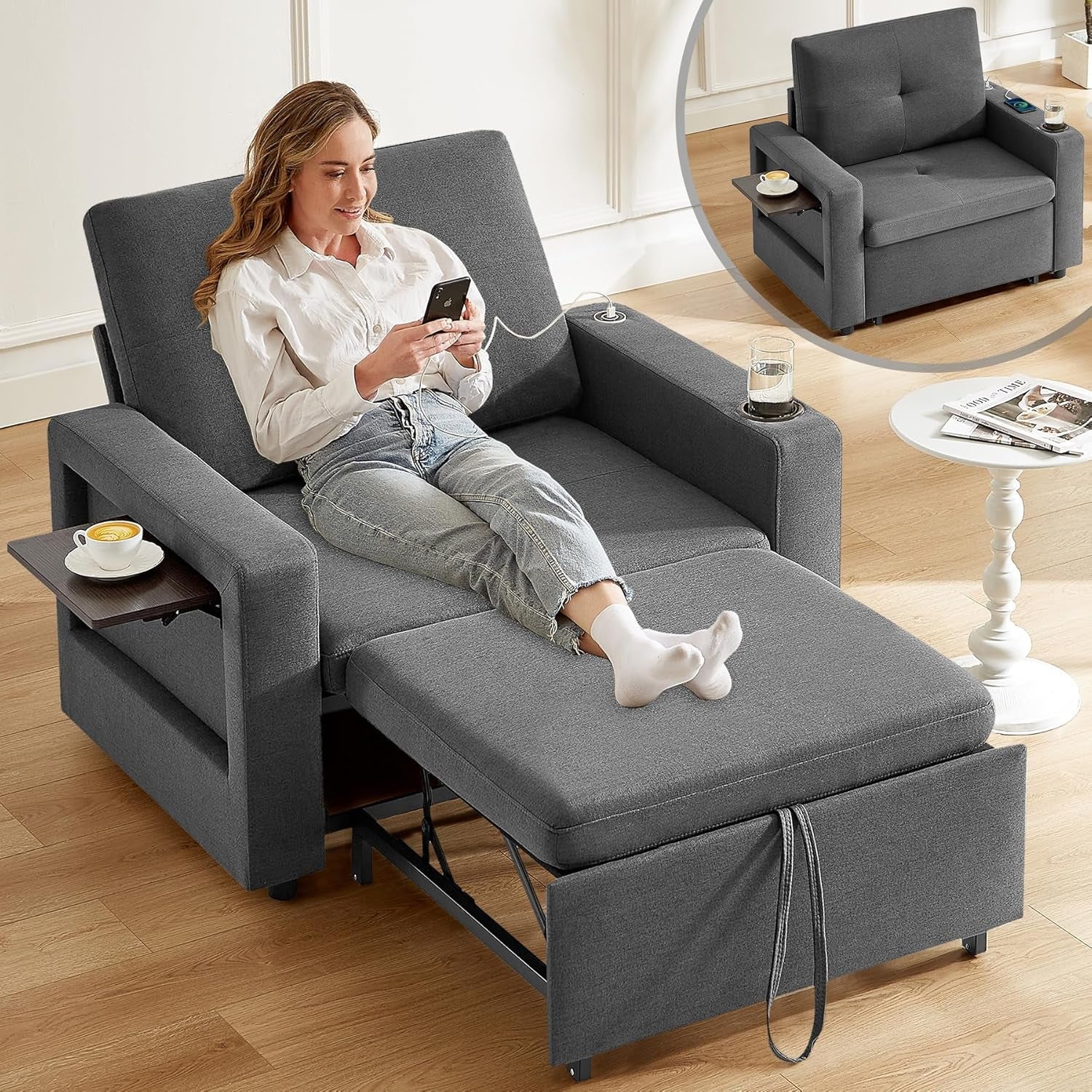 3 In 1 Sleeper Sofa Chair Bed With USB Ports-0