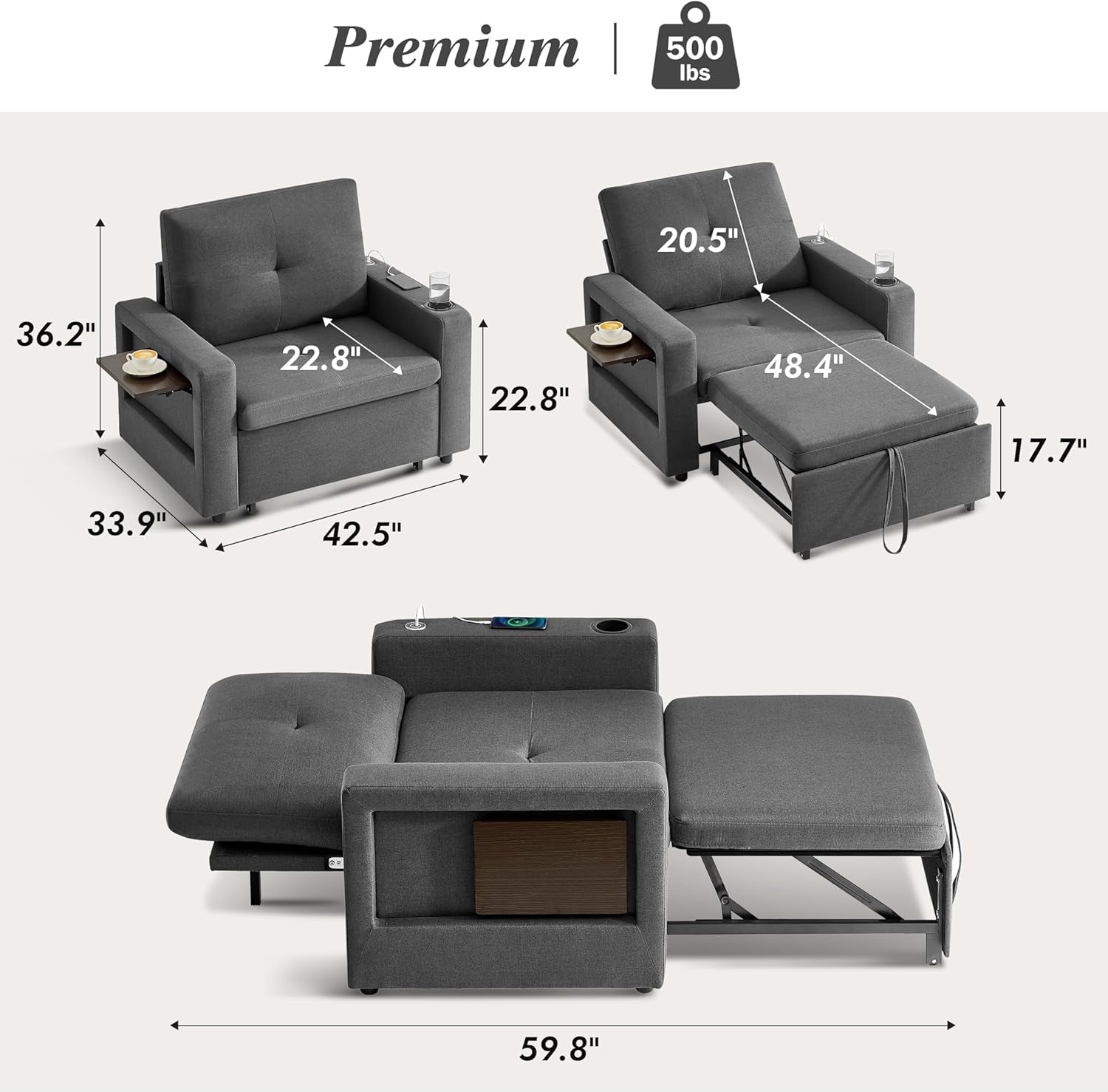 3 In 1 Sleeper Sofa Chair Bed With USB Ports-1