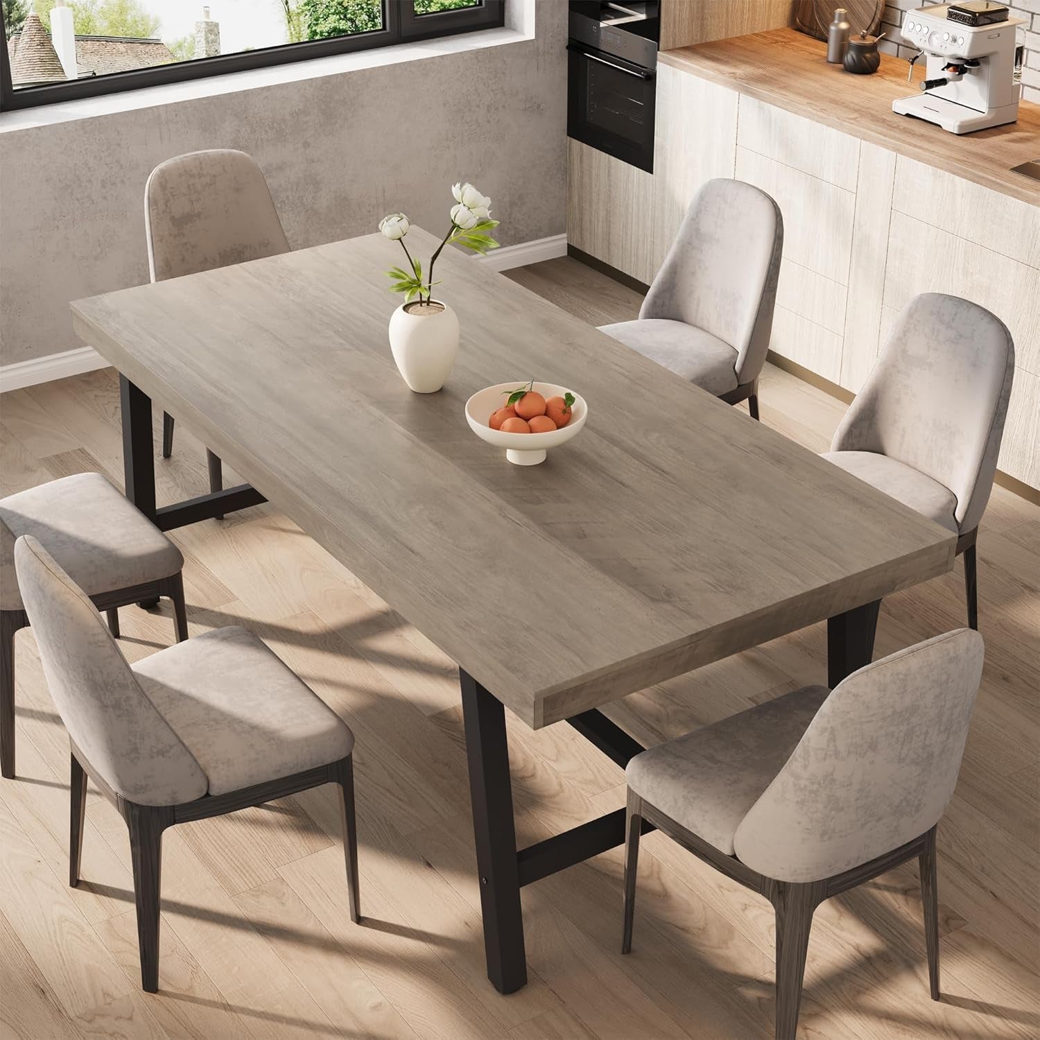 Industrial Dining Table for 6~8 People, 70.87" Long Rectangle Dining Table, Wooden Kitchen Table with Sturdy Metal Frame, Dinner Table, Dining Room Table for Kitchen, Dining Room-Grey-2