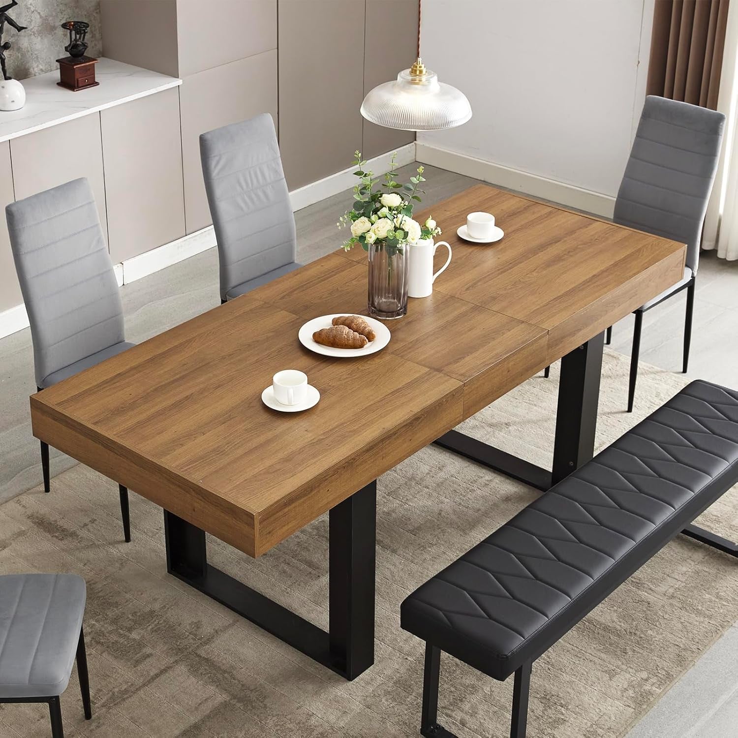 63”-79” Extendable Dining Room Table, Modern Farmhouse Wooden Kitchen Table, Long Expandable Dining Table for 6 8 10, Large Expanding Table Conference Table (Walnut Brown) (Walnut Brown)-0