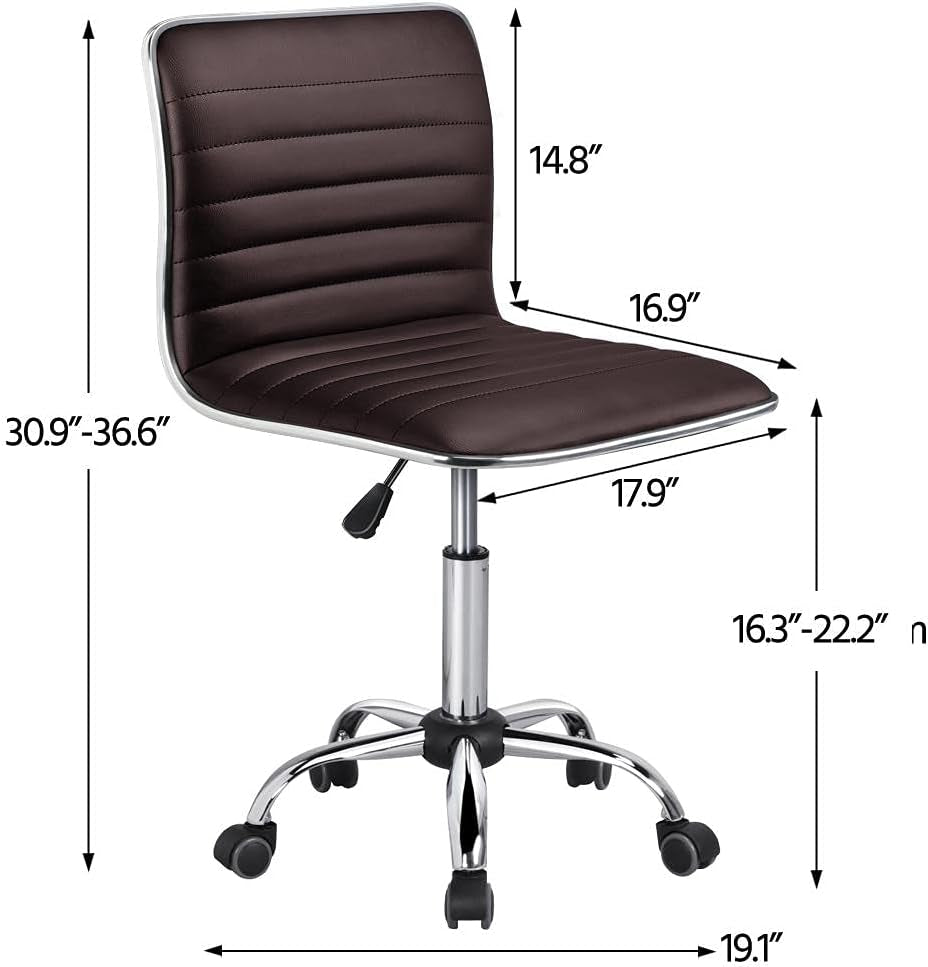 Task Chair Armless Office Chair PU Leather Ribbered Modern Desk Chair Adjustable Low-Back Swivel Chair W/Rolling Wheels Accent Comfy Working Chair Makeup Chair, Brown-2