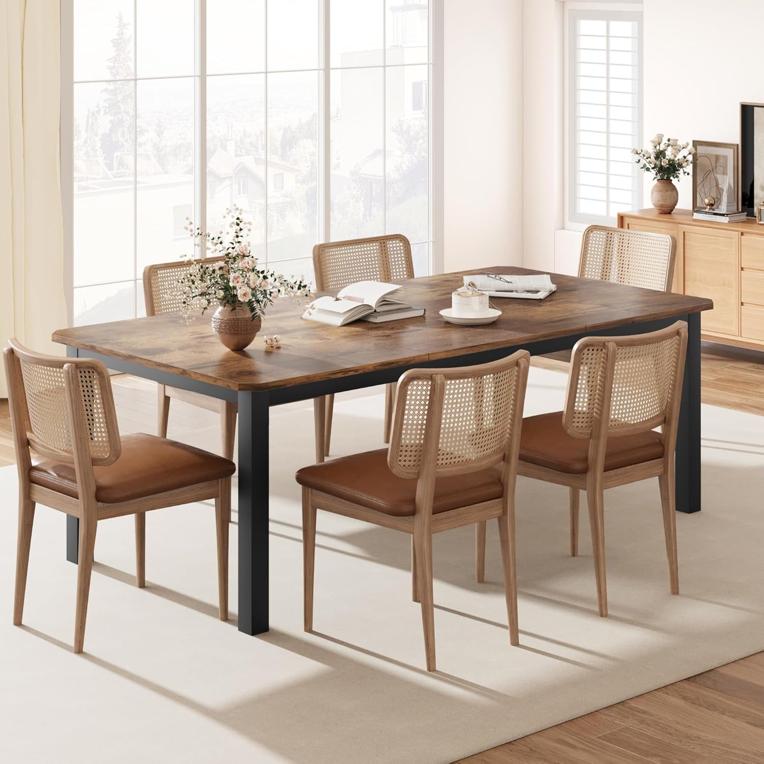 Industrial Dining Table for 6~8 People,78.7" Long Kitchen Table, Wood Dining Table, Kitchen & Dining Room Table,Rectangle Dining Room Table for 6 Perfect for Dinner or Meeting-Brown(Table Only)-0