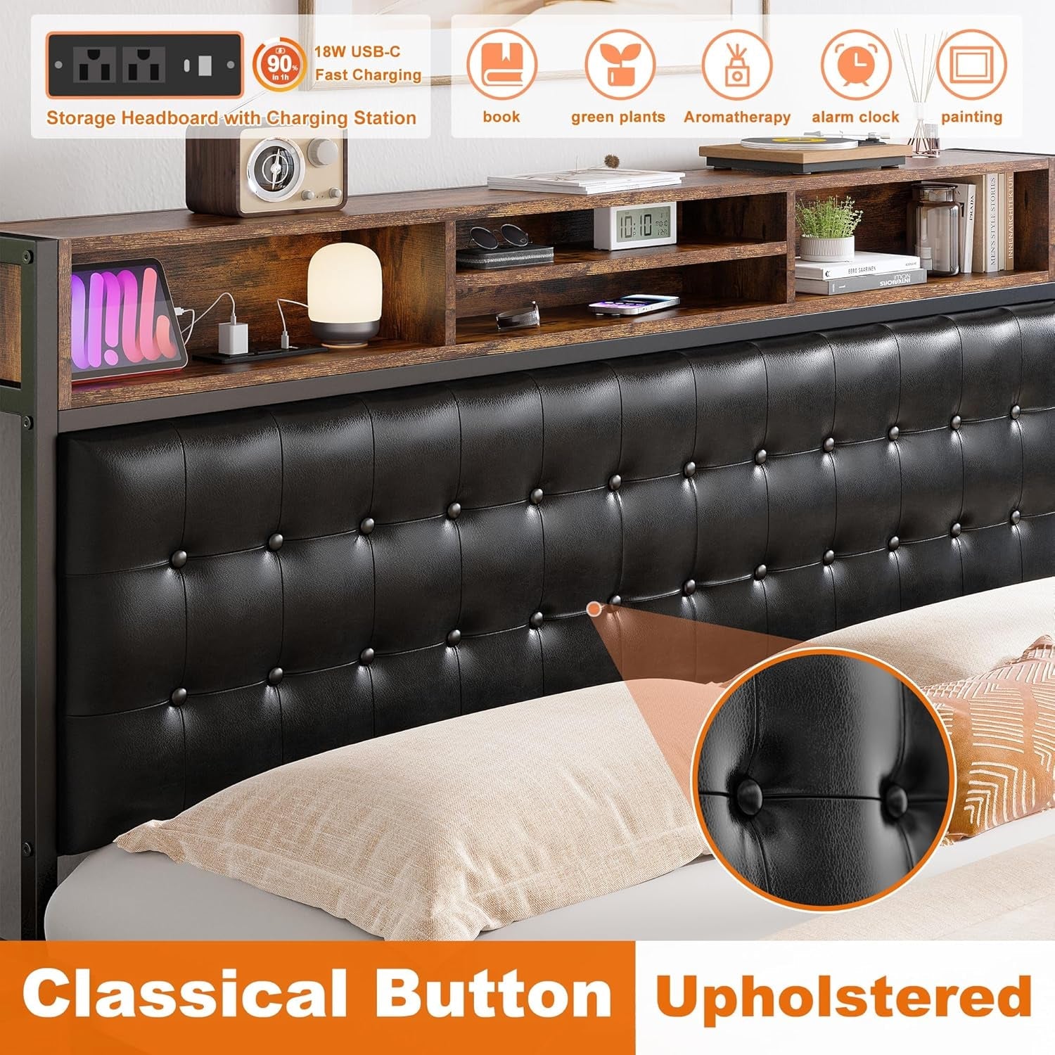 Queen Size Bed Frame with Storage Drawers and Charging Station-3