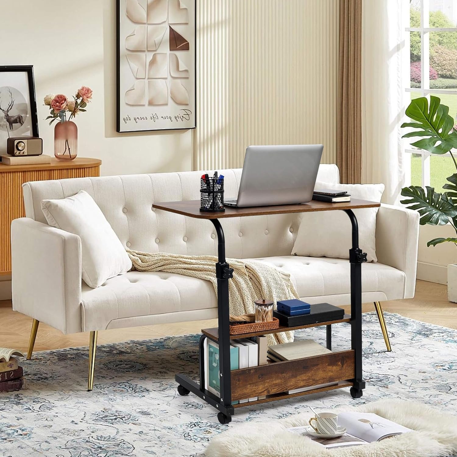 Adjustable Height Mobile Computer Desk with Rolling Wheels-4