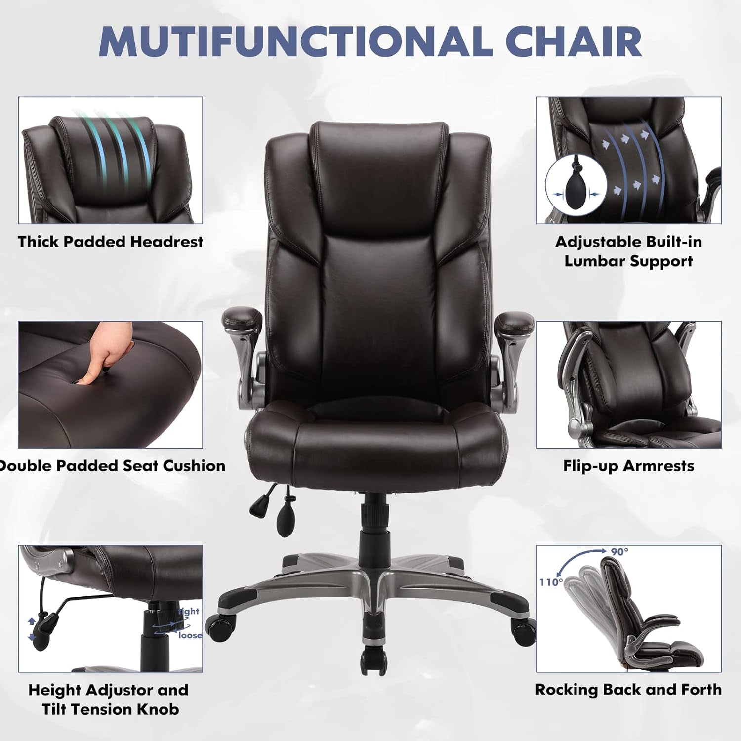 Two Brown Leather Executive Chairs, Adjustable, Rolling-3