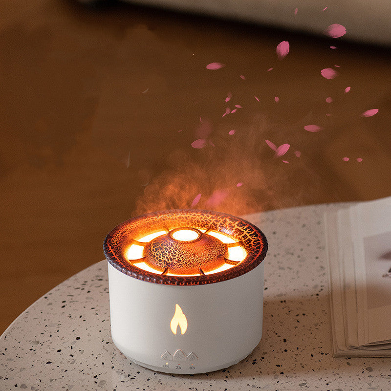 White ceramic lantern with decorative flame design on a speckled surface.