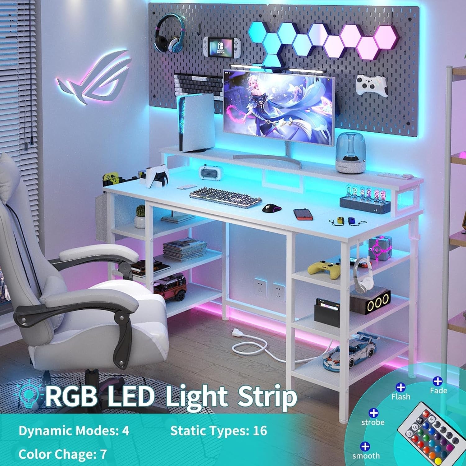 White Desk with Storage Shelves - 47 Inch Home Office Gaming Desk with Monitor Stand, Computer Desk with LED Lights and Power Outlets, White-2