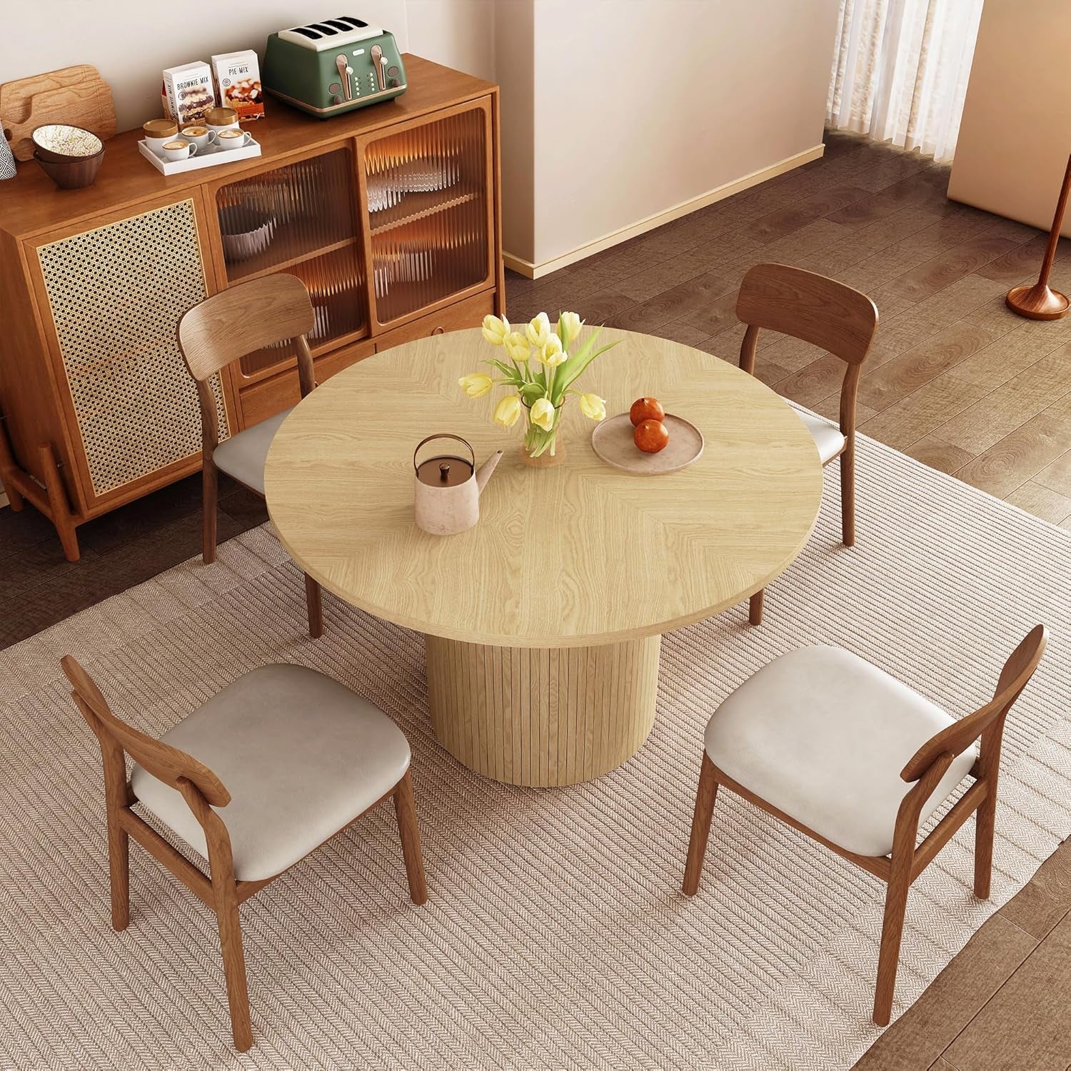 Round Dining Table for 4, Modern Farmhouse Kitchen Table, 47 Inch Small Circle Dining Tables with Wood Strip Base for Kitchen Living Room (Natural)-3