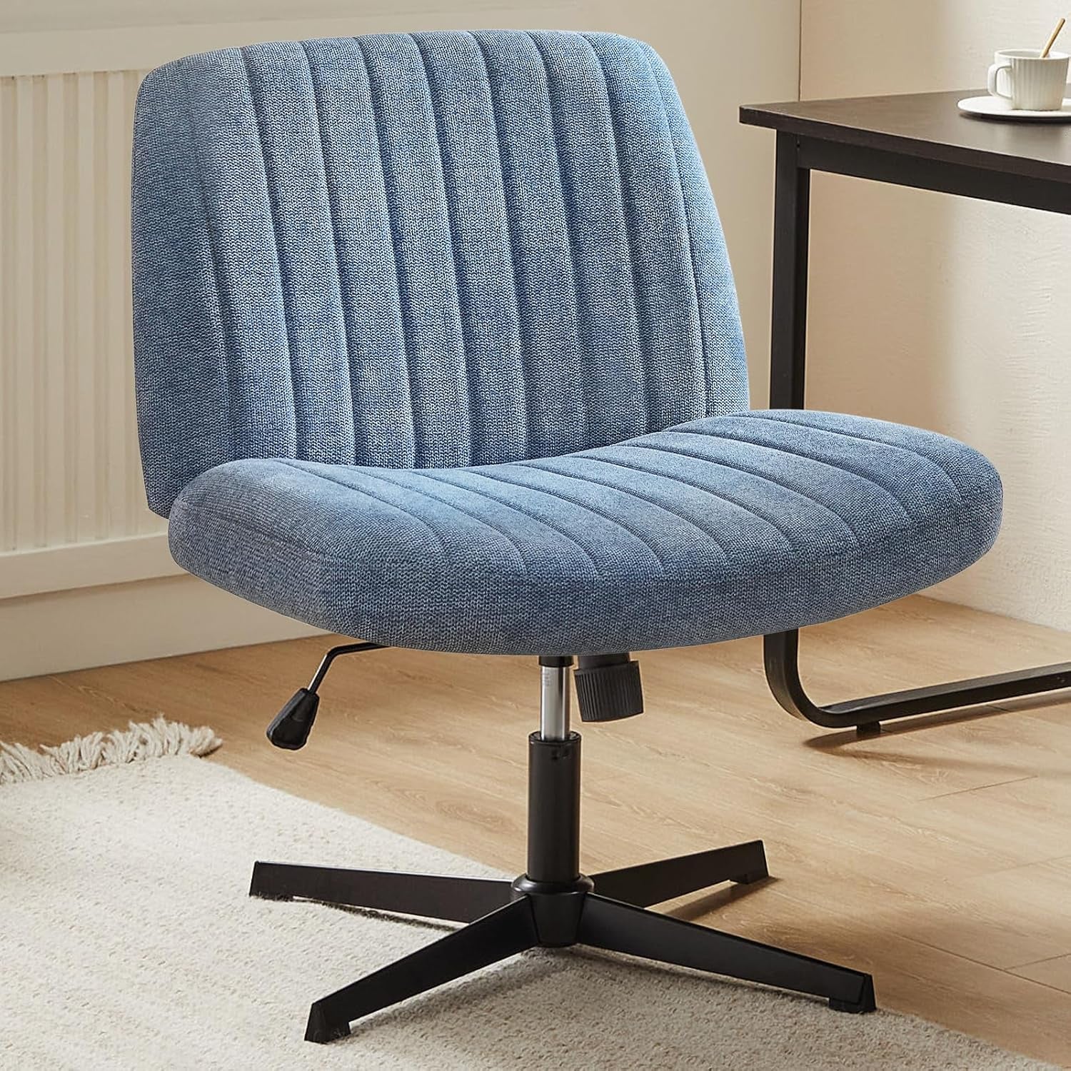 Criss Cross Chair Legged, Armless Office Desk Chair No Wheels, Swivel Vanity Chair, Height Adjustable Wide Seat Computer Task Chair, Fabric Vanity Modern Home Chair Blue-0