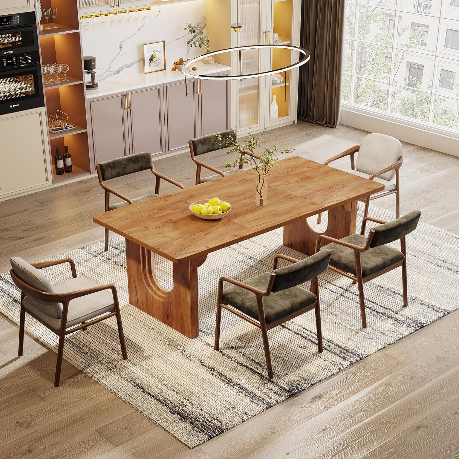 Modern Dining Table for 6 to 8 People, 71" Large Kitchen Dining Table with Wood Pedestal Base, Rectangular Long Dinner Table for Kitchen, Dining Room, Living Room, Rustic Brown-4