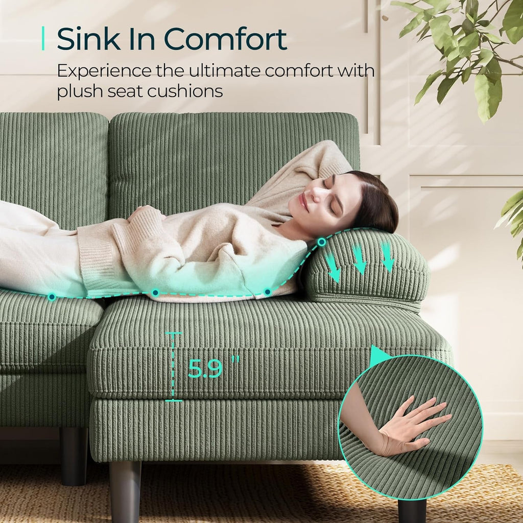 Sectional Couch, 111'' W Corduroy U Shaped Sofa with Sleepable Armrests, 4 Seat Couch with Double Chaises, Deep Sofa for Living Room, Army Green-3
