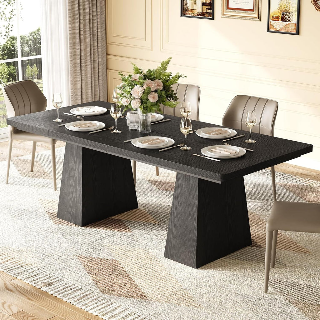 Dining Table for 6 People, Wooden Dining Table, Rectangle Table with Heavy Duty Legs, Modern Dining Table for Kitchen, Dining Room, Black-4