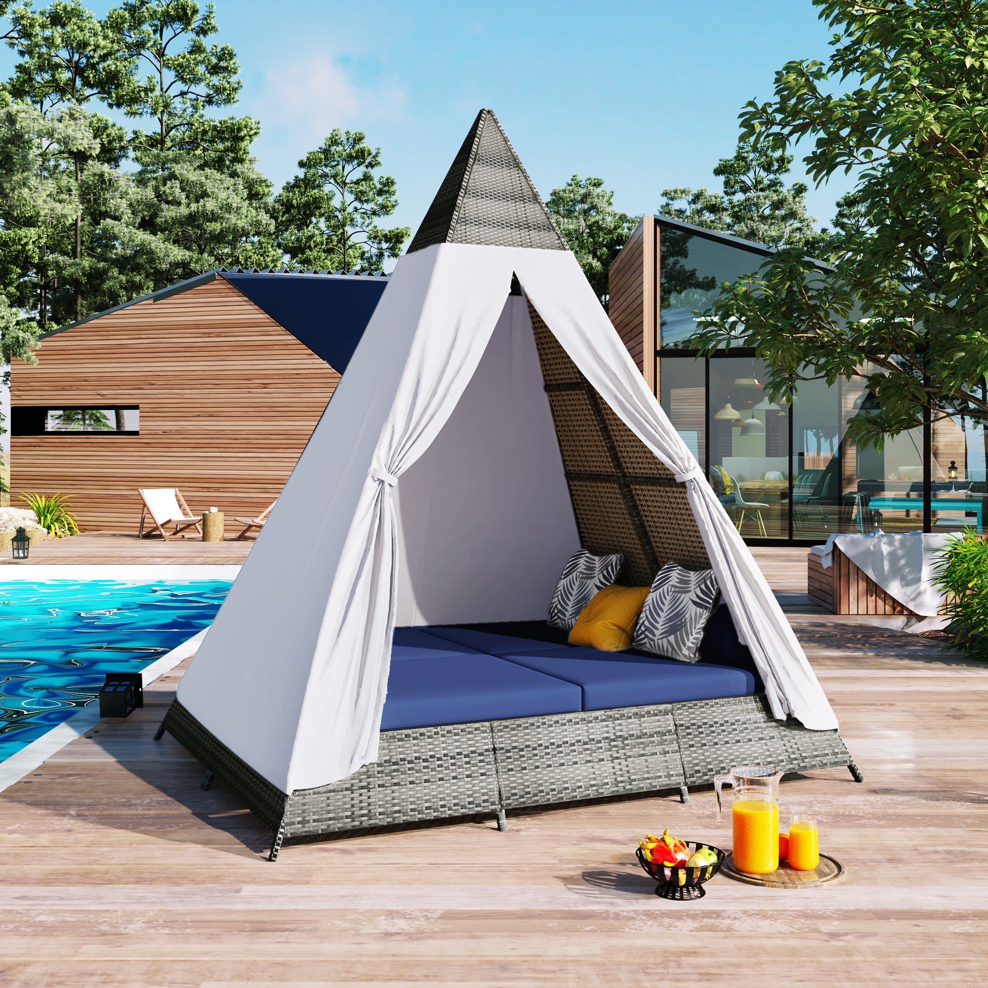90.5" Length Outdoor Sunbed With Colorful Pillows, Wicker Patio Daybed