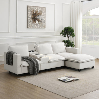 Modular Sofa with Convertible Ottoman with USB Charger, Beige