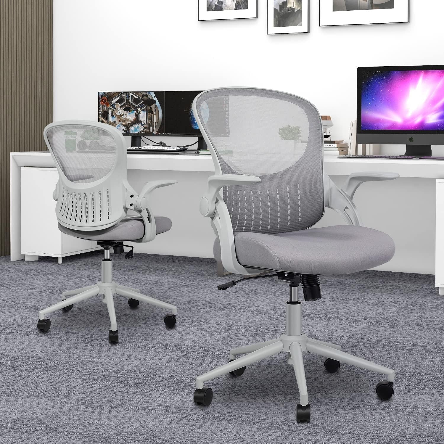 Office Computer Gaming Desk Chair, Ergonomic Mid-Back Mesh Rolling Work Swivel Chairs with Flip-Up Arms, Comfortable Lumbar Support, Comfy Arms for Home, Bedroom, Study, Student, Adults, Grey-1