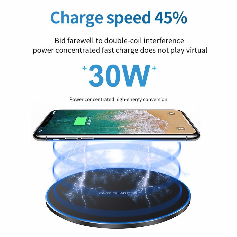Wireless charging pad with smartphone on a white background, highlighting charge speed and power concentration.